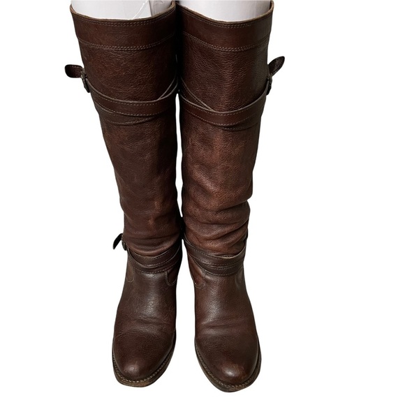 Frye Jane Strappy Dark Brown Knee High Heeled Boots Size 6.5 - Picture 2 of 16
